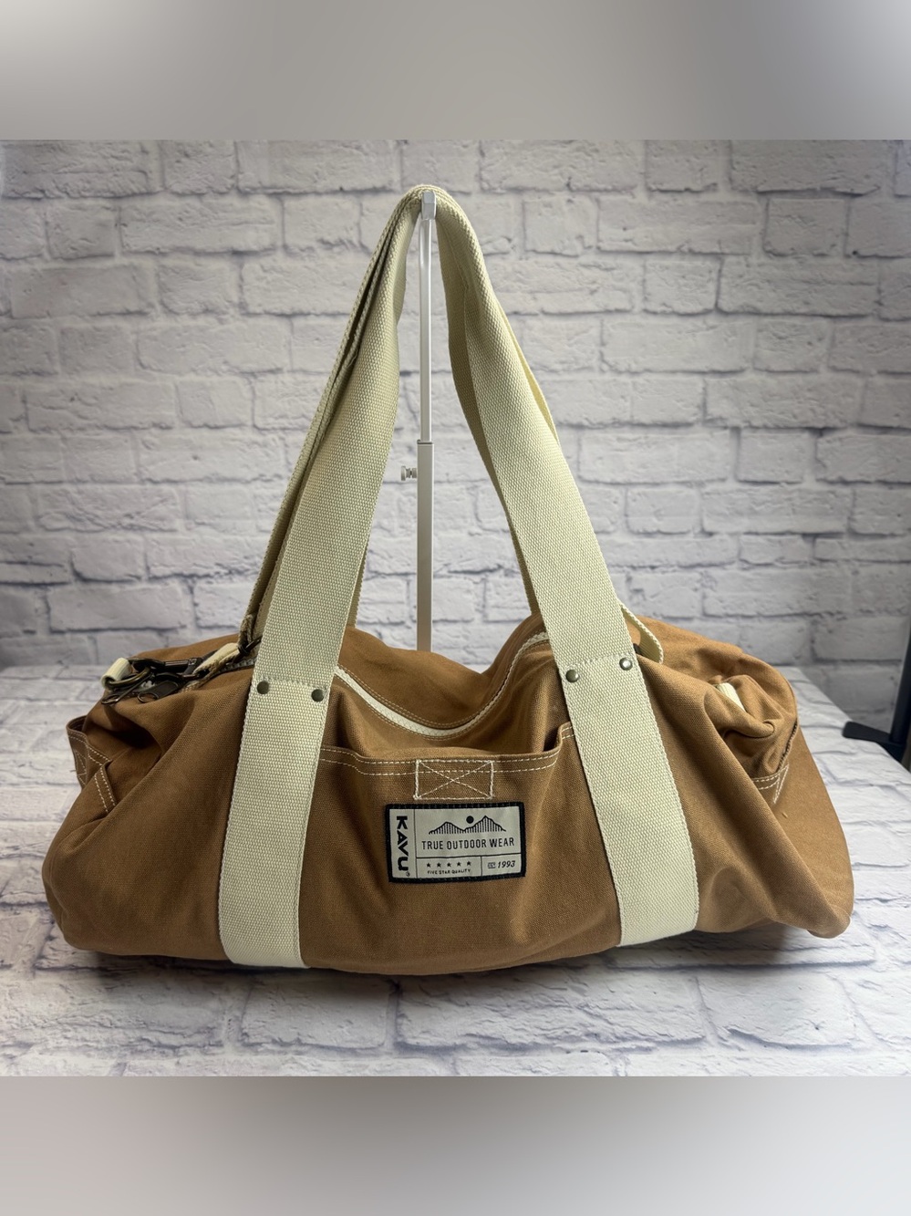 Kavu Brown Canvas Duffel with Cream Straps